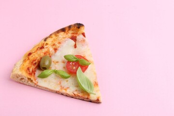Slice of delicious pizza on pink background, closeup. Space for text