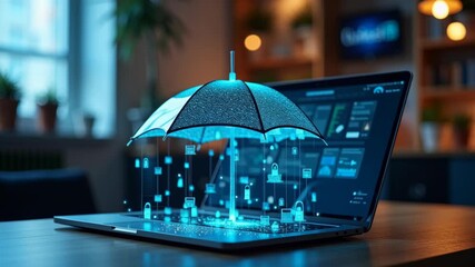 Digital umbrella over laptop screen, concept of data protection and cybersecurity insurance, great for fintech branding and secure services ads, 4K, motion. - Powered by Adobe