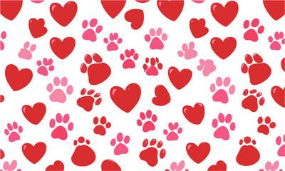 Modern vector illustration seamless pattern with scattered red hearts and pink paw prints, Red hearts, pink paw prints, and a clean white background, easily editable.