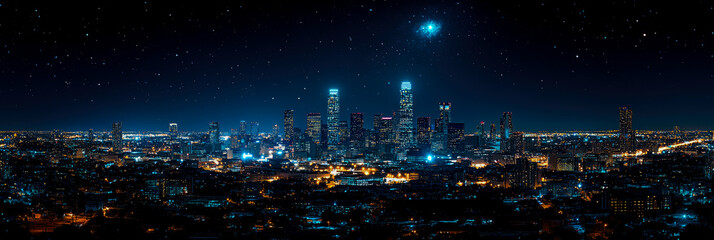 Fototapeta premium Panoramic nocturnal vista of a sprawling metropolis illuminated under a vast, star-filled cosmic sky with a prominent blue nebula