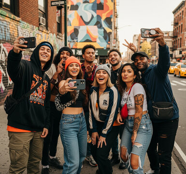 Young diverse people taking selfies in urban streetwear, Gen Z fashion lifestyle
