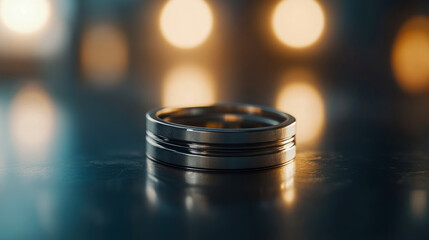 Elegant metallic ring with subtle grooves on a sleek, reflective dark tabletop, beautifully set against a warm, luminous backdrop of soft bokeh lights.