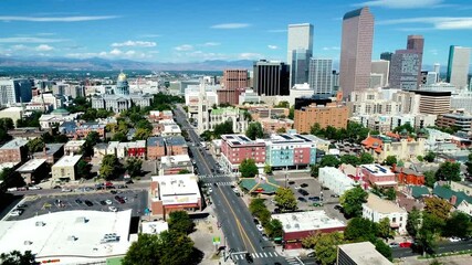 Aerial view of denver colorado cityscape with mountains in the background