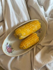 Macro shot of bright yellow corn on a plate. Close-up of juicy corn kernels, perfect for food photography, harvest themes, healthy eating, and natural textures