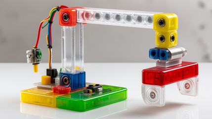 Fototapeta premium Colorful Toy Crane On White Surface