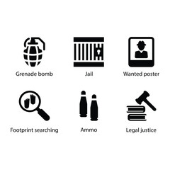 Grenade bomb, Jail, Wanted poster, Footprint searching, Ammo, Legal justice, icon