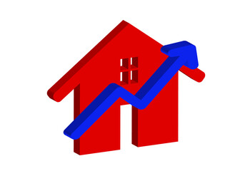 Simple 3D illustration of a red house icon with an upward arrow