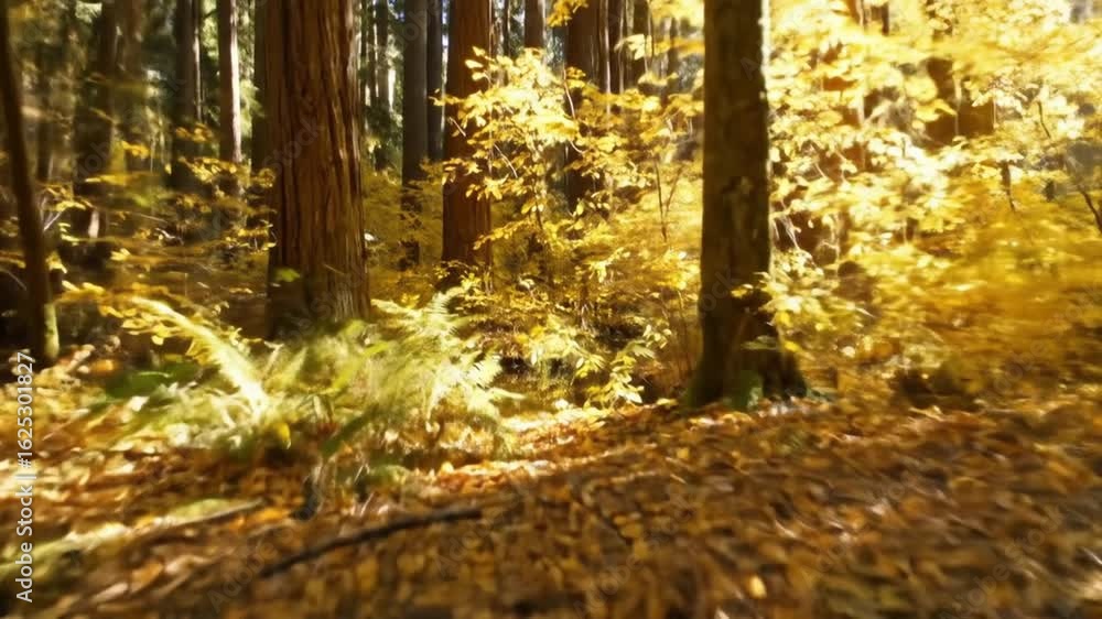 Poster golden autumn forest with reflective stream sunlight filtering through canopy tall tree trunks and v