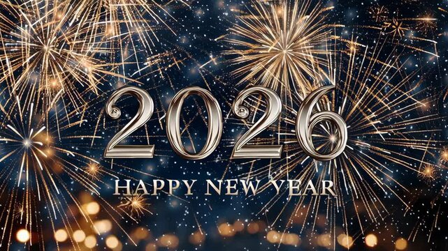 Festive 2026 New Year scene with large silver numbers and golden fireworks, ideal for event invitations, party openers and seasonal celebration visuals, 4K, motion.