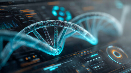 Digital DNA strand visualization with futuristic interface and glowing elements in a scientific environment