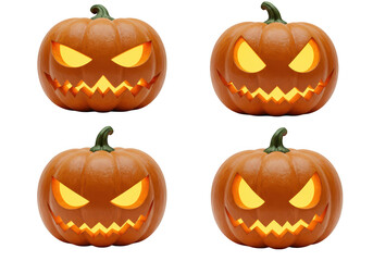 Photo of four glowing jackolanterns with menacing faces are isolated on transparent background, perfect for halloween