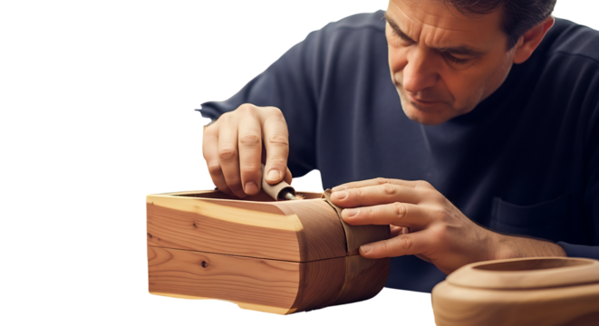 Man Crafting Wooden Object Using Hand Tools in Workshop Setting