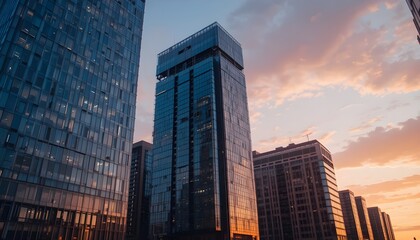 Modern skyscrapers reflecting sunset colors in glass windows