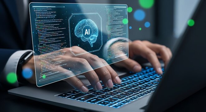 Innovate your business with AI solutions supported by digital brain imagery and modern laptop technology