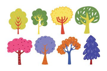 Fototapeta premium Colorful Forest Collection: An imaginative ensemble of vibrant trees showcases the diversity of the natural world with charming and playful design