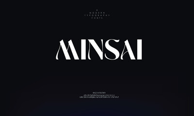 Minsai  luxury minimalist alphabet display font vector with swoosh alternate style illustration. Beautiful sharp serif typography style