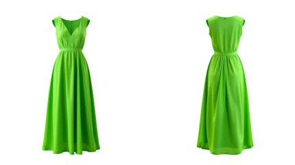 Green dress in front and back view, mockup isolated on transparent background
