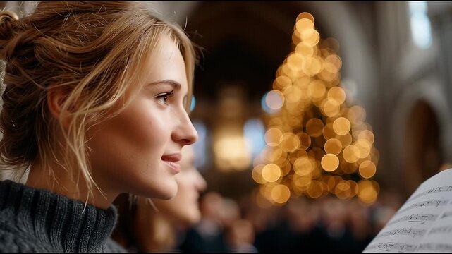 Young Caucasian woman with long blond hair sings in church choir. Decorated Christmas tree is visible in the background, creating a festive atmosphere