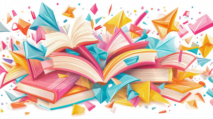 Vibrant Explosion of Open Books and Dynamic Geometric Shapes, Celebrating Learning, Imagination, and the Joy of Knowledge Discovery
