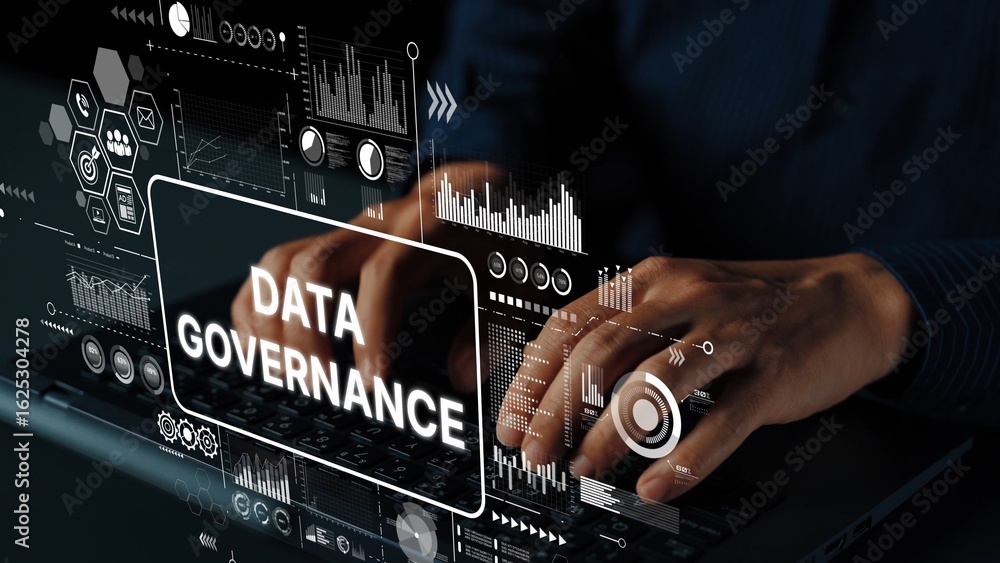 Poster hands typing on a laptop with digital graphics showcasing data governance concepts and analytical in