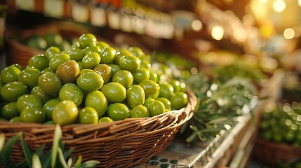 Delicious green olives in a wicker basket at the farmers market beckon for healthy eating recipes