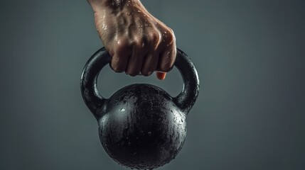Fototapeta premium Strong hand gripping kettlebell handle, sweat droplets visible, gray background