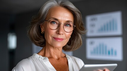 Fototapeta premium Confident Senior Businesswoman Holding Tablet for Financial Planning and Withdrawal Rate Strategy
