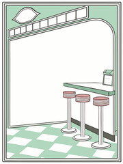 An illustration of a retro 1950s diner interior with an empty counter. 