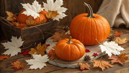 October pumpkins and orange autumn leaves at a harvest farm