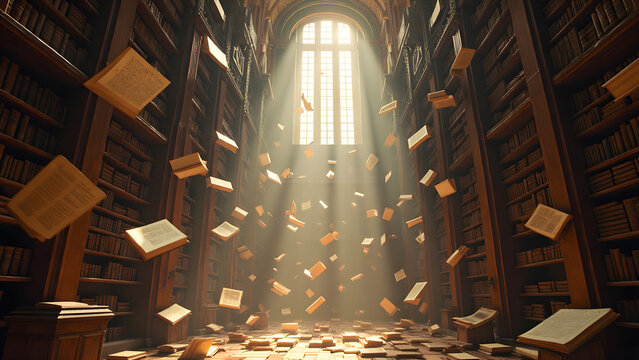 Magische Bibliothek mit schwebenden B&uuml;chern im Sonnenlicht - Frame TV Wallpaper - Magisches Hintergrundbild