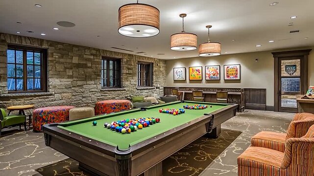Inside a Cozy Lounge with Pool Table and Art Decor Featuring Warm Lighting and Stone Walls