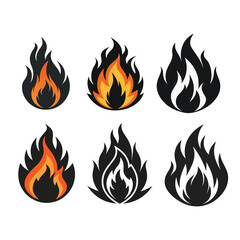 Set of six stylized flame icons in black and orange on a white background