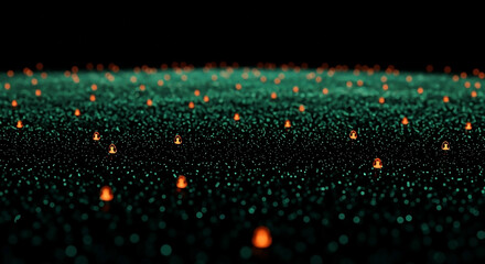 Abstract digital visualization of dynamic data flow. Glowing particles illustrate interconnected information streams, technological churn, and futuristic network systems.