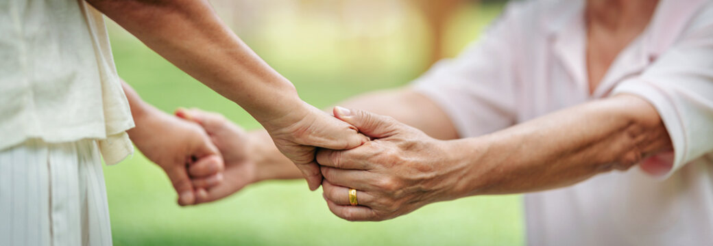 Senior couple hands holding offering intimate support and enduring companionship in a peaceful green park environment