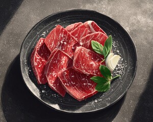 Raw Beef Slices On Dark Plate With Herbs