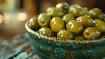 Delicious green olives glistening in a rustic bowl ready for appetizers or mediterranean cuisine