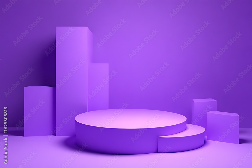 Poster purple 3 d rendered stage with geometric shapes and a circular platform for product display or prese