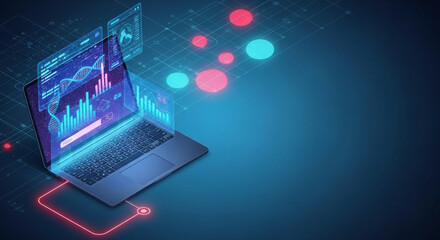 Futuristic laptop displaying financial data analysis with glowing charts and digital network connections on a dark blue background