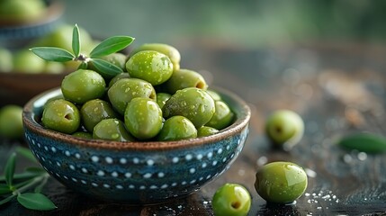 Delicious green olives in rustic bowl ready for Mediterranean tapas and appetizers