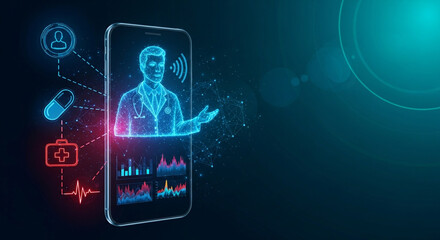 Smartphone displaying a futuristic hologram of a doctor with medical data and icons, symbolizing telemedicine and digital healthcare services