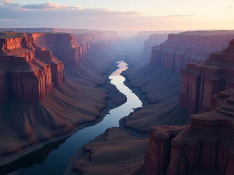 Rivi&egrave;re sinueuse traversant un canyon majestueux au coucher du soleil dans un d&eacute;cor d&eacute;sertique grandiose
