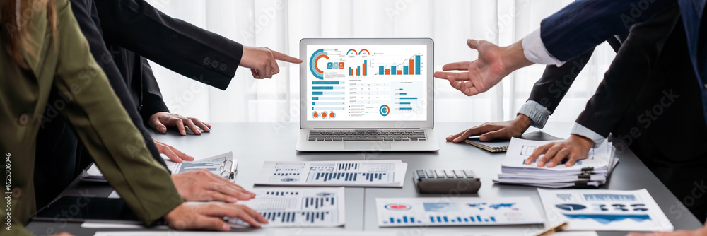 Poster panorama shot analyst team utilizing bi fintech to analyze financial report with laptop. businesspeo