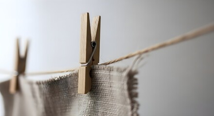 Wooden Clothespin on Laundry Line - Fresh Linen Drying