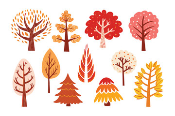 Diverse Trees Illustrations: A vibrant collection of illustrated trees in various shapes, sizes, and colors, perfect for design projects. Capturing the essence of nature's diversity.
