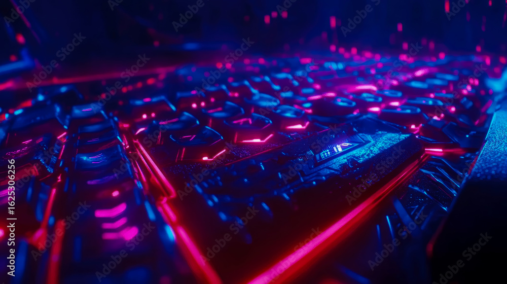 Poster immersive close-up of a high-tech gaming keyboard pulsating with vibrant neon pink and electric blue