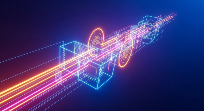 Abstract futuristic digital data stream with glowing neon lines, particles, and geometric shapes, representing technology, information transfer, and network connection