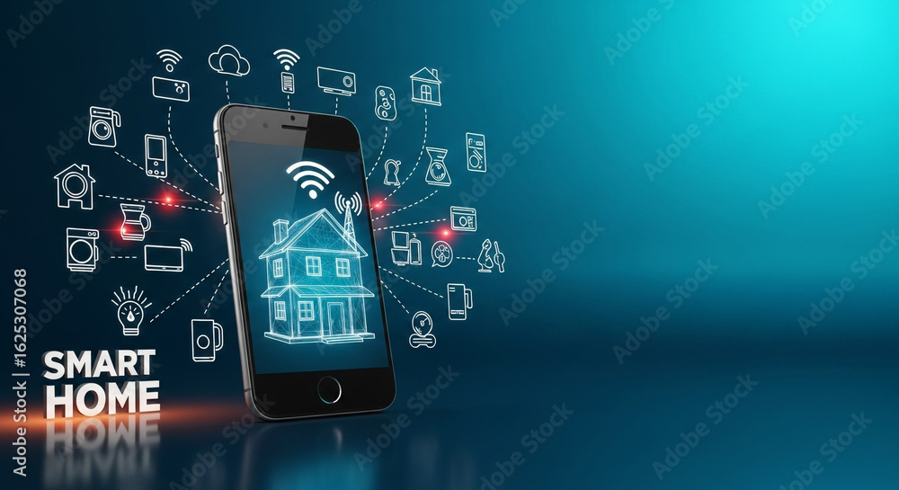 Poster smart home technology concept with a mobile phone displaying a house icon and connected smart device