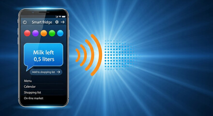 Smart home application on a mobile phone displaying a shopping list with milk quantity and notifications, symbolizing convenience and connected living