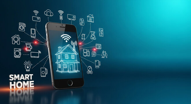 Smart home technology concept with a mobile phone displaying a house icon and connected smart devices, symbolizing automation and connectivity