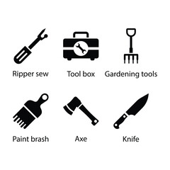 Ripper sew, Tool box, Gardening tools, Paint brash, Axe, Knife, icon